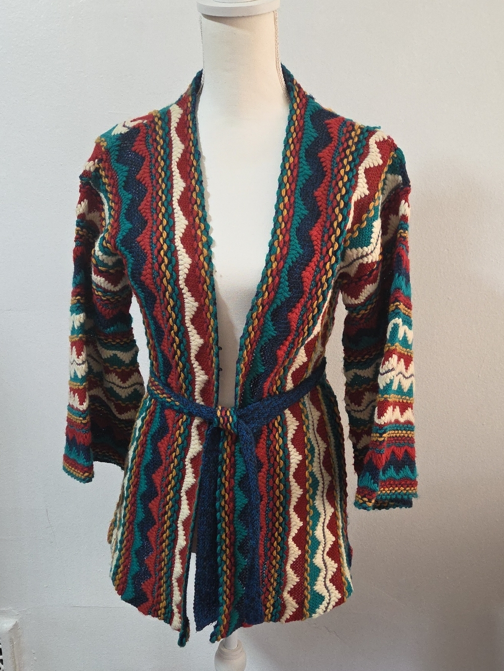 Offspring By Trisha Sayad 100% Virgin Wool 1970s Multicolored Cardigan With Belt